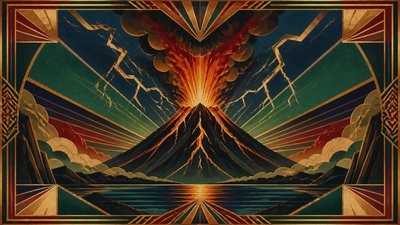 an erupting volcano with lightning strikes, dramatic wide composition, no text