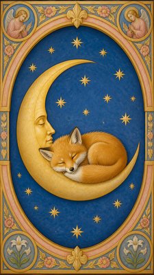 a sleeping baby fox curled on a crescent moon among soft stars, gentle and warm, no text