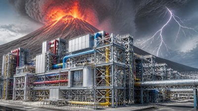 an erupting volcano with lightning strikes, dramatic wide composition, no text