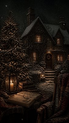 a snow-covered cottage with warm glowing windows beside a decorated pine tree, gentle snowfall, no text
