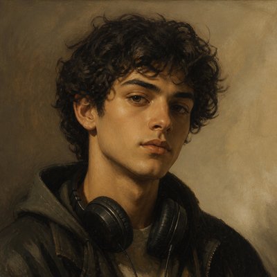 head-and-shoulders portrait of an original character: a young man with curly dark hair and headphones around his neck, plain backdrop, no text