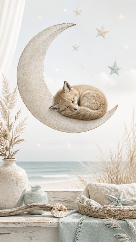 a sleeping baby fox curled on a crescent moon among soft stars, gentle and warm, no text
