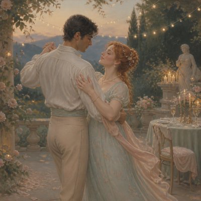 an original couple dancing under string lights in a garden at dusk: a man with short black hair in a linen shirt and a woman with braided red hair in a summer dress