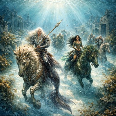 Golden Age Fantasy Illustration Style, Painterly Realism, Crystalline Underwater Photography Aesthetic. A stunning view looking straight down through impossibly clear, glassy ocean water, as if peering over the edge of a ship. Below, on the white sand seabed, are the seaweed-covered ruins of a sunken, ancient civilization.

The Merpeople: A royal hunting party of Narnian Merpeople is riding through the submerged streets. They are not gentle, fairy-tale creatures, but possess a wild, fierce majesty. They ride large, powerful, scaled hippocamps (mythical sea-horses).

Key Figures & Details: The Mer-King, with flowing white hair and a stern expression, wears armor crafted from iridescent pearl and abalone shells, brandishing a long spear tipped with gold. His powerful tail is deep amethyst. A fierce Mer-Queen rides beside him, her colors shimmering emerald and gold. Smaller merfolk follow, shaking spears.

Lighting & Atmosphere: Bright shafts of sunlight pierce the deep water, illuminating the underwater dust motes and making the scales of the merfolk and their mounts sparkle intensely. The mood is silent, ancient, and awe-inspiring.