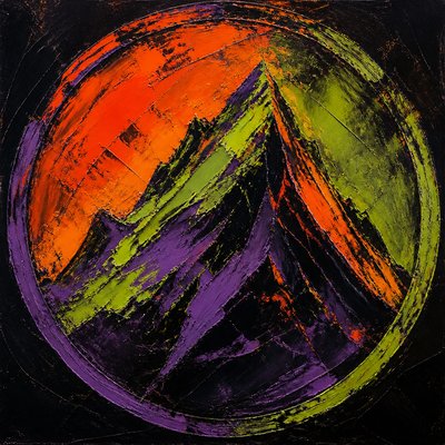 an emblem of a mountain peak inside a circle, simple bold shapes on a plain background, no text or lettering