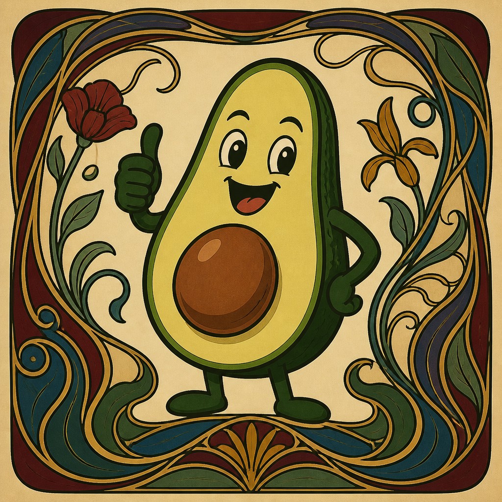 a happy avocado character giving a thumbs up, bold readable design on a plain background, no text