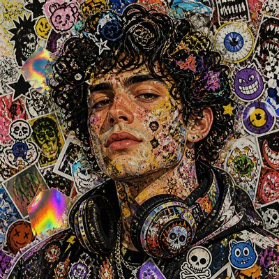 head-and-shoulders portrait of an original character: a young man with curly dark hair and headphones around his neck, plain backdrop, no text