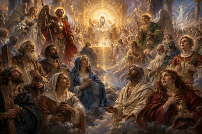 the saints in heaven around the throne of God  - and among the saints are Abraham, , Daniel the prophet, Martha, Mary, and Lazarus and  Mary of Magdala, the Archangels Michael, Gabriel, and Raphael. Andrew, Stephen, and many others as well