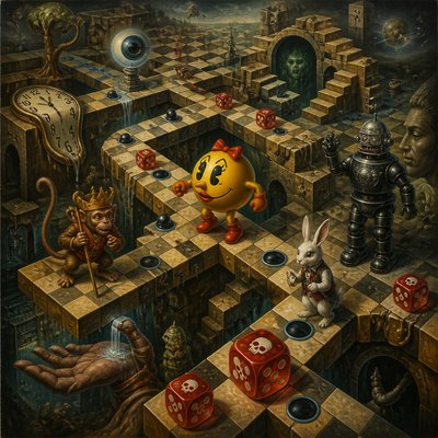 Generate an Escheresque maze with various video game character icons: for example. Mrs Pac-Man in 3-D, the monkey king, a white rabbit, Robbie the Robot and the maze is a board came...and last thing are the red skull sided dice...make this for me.