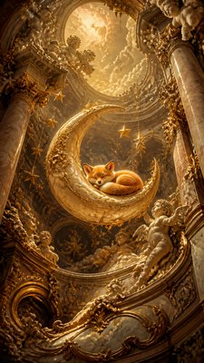 a sleeping baby fox curled on a crescent moon among soft stars, gentle and warm, no text