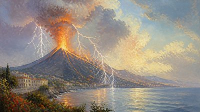 an erupting volcano with lightning strikes, dramatic wide composition, no text