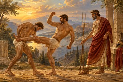 a painting of two men fighting in the wilderness