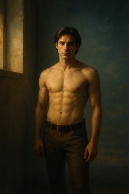 a painting of a shirtless man standing in front of a window