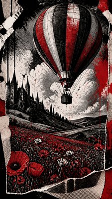 a hot air balloon drifting over rolling flower fields on a sunny day, cheerful, no text