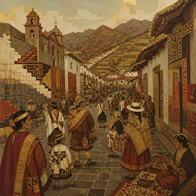 urban street with city activity — Peruvian Art Style