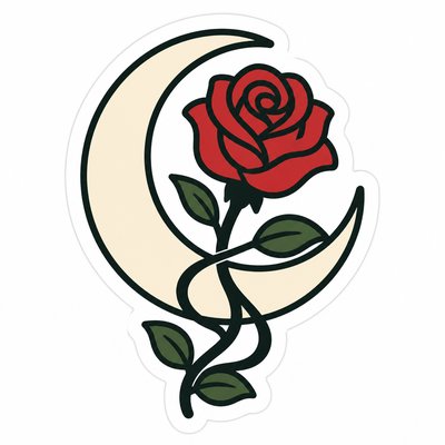 a rose entwined with a crescent moon, clean balanced composition on a plain background, no text
