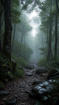 a mysterious forest path with fireflies and drifting mist, atmospheric vertical composition with open space at the top, no text