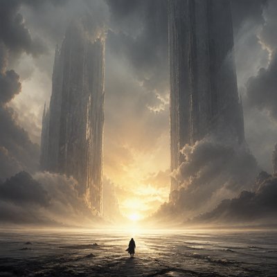 a solitary figure walking toward a glowing horizon across an empty plain, moody atmosphere, no text or lettering