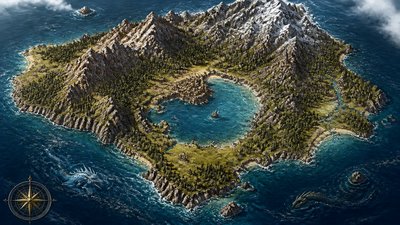 a map of an island realm with mountains, forests, a sheltered bay, sea monsters in the water and a compass rose, no text labels