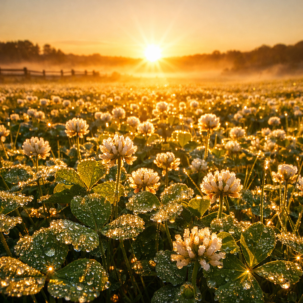 Cinematic Nature Photography, Golden Hour Backlighting, Macro Details. A breathtaking, wide-angle landscape photograph of a sprawling, lush field completely carpeted in thick clover captured at the precise moment of sunrise.
The Light: The sun is just cresting the horizon directly ahead, casting intensely warm, golden rays of light that backlight the scene. Every individual clover leaf and flower head is rim-lit, making them appear Almost translucent and glowing against the light. Long, dramatic shadows stretch toward the viewer.
The Atmosphere & Texture: Heavy morning dew clings to every surface, creating thousands of tiny, sparkling droplets that catch the rising sun like jewels. Soft, low-lying ground mist weaves through the distant parts of the field and along an old wooden fenceline in the background, softening the horizon.
The Composition: The focus is razor-sharp in the immediate foreground, showing the intricate textures of the wet leaves and petals, while the background dissolves into a warm, hazy, golden glow. The air feels cool and fresh.