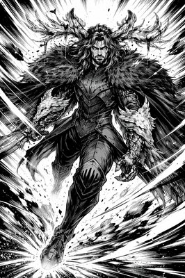 a black and white drawing of a man with a sword