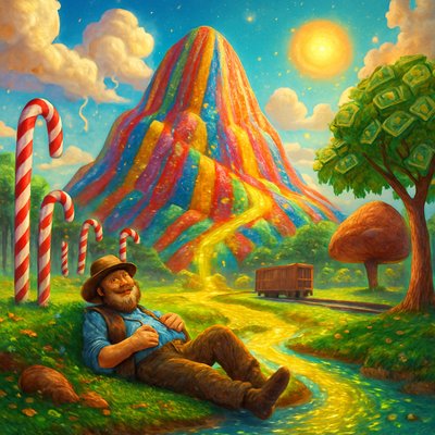 Surrealism Art Style, Digital Art Style, a brilliantly vibrant, whimsical, and exaggerated landscape depicting the mythical "Big Rock Candy Mountain." The massive mountain at the center of the scene is composed entirely of striped rock candy, glistening in the eternal sunshine. A cheerful hobo figure, relaxed and smiling, is seen lounging by a sparkling stream of pure lemonade that flows down the mountainside. The landscape is surrounded by giant peppermint stick forests and trees whose leaves are crisp dollar bills. The clouds in the sky are made of whipped cream, and the rain is a sweet syrup. There are prominent features like a cigarette tree, a luscious ham tree, and railroad tracks where the boxcars are always empty and waiting. The colors are hyper-saturated and joyful, rendered with the smooth, detailed clarity of digital art, yet maintaining a dreamlike, slightly absurd quality. Focus intently on the dazzling texture of the candy landscape, the flowing lemonade water, and the utopian, escapist joy of the scene.