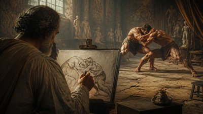 Michelangelo drawing two athletes posing as wrestlers