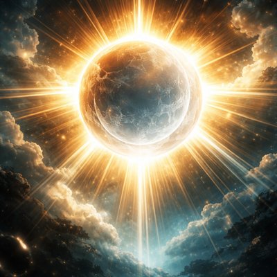 Ancient celestial vision: the blazing sun unites with a completely translucent moon, the moon rendered invisible except for a silvery faint outline, swallowed by the sun's overwhelming radiance yet delicately outlined as a glass, beams of divine light pouring through, the moon spiritual symbolism of hidden union and concealed intimacy, ethereal golden and silver tones, sun and moon the same size, golden rays enveloping a transparent moon. Moon is ethereal and the sky is blue. It is like the silver of the moon's features are upon the sun.