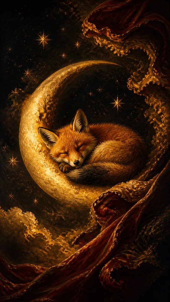 a sleeping baby fox curled on a crescent moon among soft stars, gentle and warm, no text