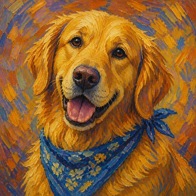 portrait of a golden retriever wearing a blue bandana, warm plain backdrop, no text
