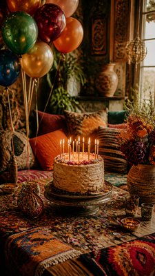 a birthday cake with lit candles surrounded by balloons and confetti, festive vertical composition, no text