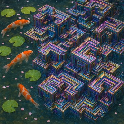 A koi pond seen from above, orange and white koi fish swimming among lily pads, clear water with subtle ripples, fallen cherry blossom petals floating on the surface, dappled sunlight