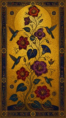 a climbing vine of flowers and hummingbirds on a dark background, tall wrapping composition, no text