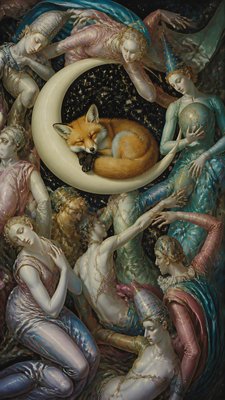 a sleeping baby fox curled on a crescent moon among soft stars, gentle and warm, no text