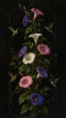a climbing vine of flowers and hummingbirds on a dark background, tall wrapping composition, no text