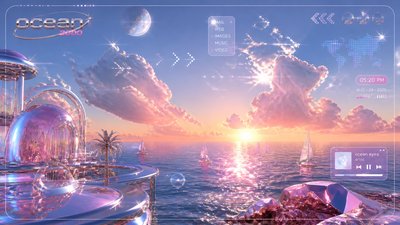 a panoramic ocean horizon with towering clouds at golden hour, no people
