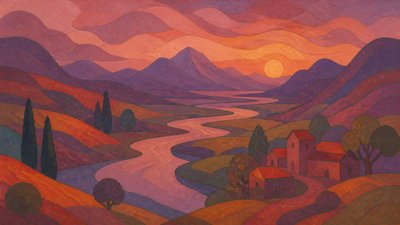 a vast valley with a river winding toward distant mountains at sunrise, no people, no text
