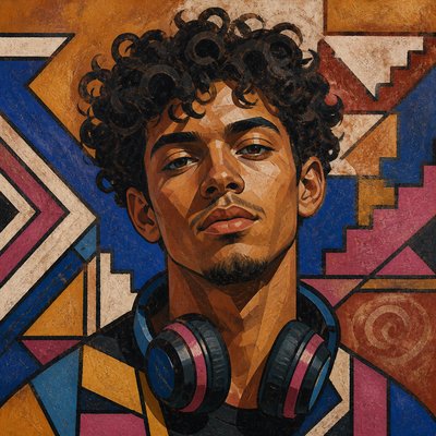 head-and-shoulders portrait of an original character: a young man with curly dark hair and headphones around his neck, plain backdrop, no text