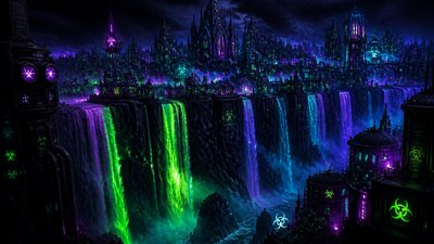 a cliffside city with waterfalls cascading into a misty canyon, wide establishing shot, no people, no text