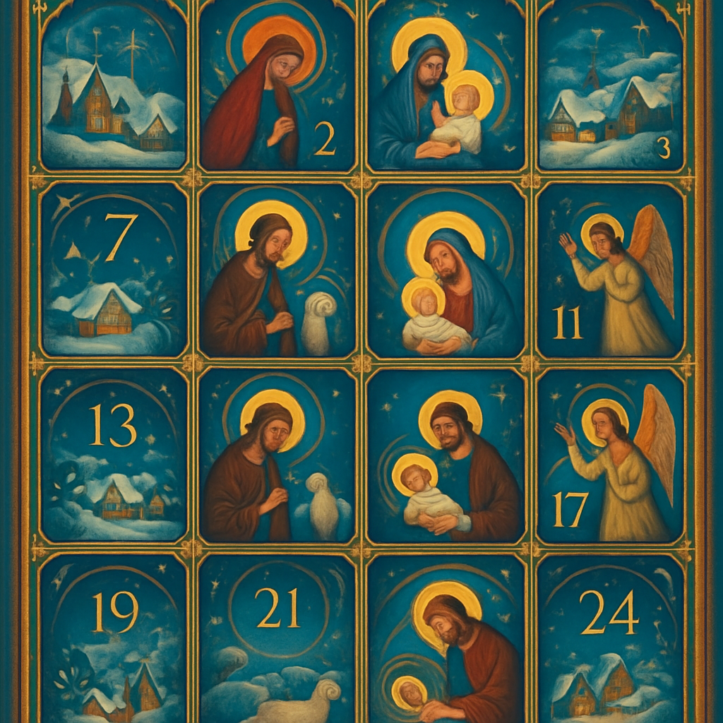 Advent Calendar grid with 24 numbered doors, ornate golden frames and festive borders, storybook charm inspired by Richard Sellmer’s 1940s German Advent calendars, hand-illustrated nativity scenes and snowy village backgrounds, nostalgic atmosphere, warm glowing highlights, vintage color palette, crisp outlines, painterly textures, classic fantasy illustration style