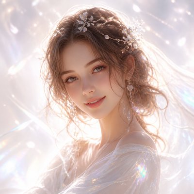head-and-shoulders portrait of an original character: a young woman with wavy chestnut hair and a warm smile, plain soft backdrop