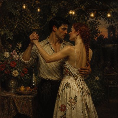 an original couple dancing under string lights in a garden at dusk: a man with short black hair in a linen shirt and a woman with braided red hair in a summer dress