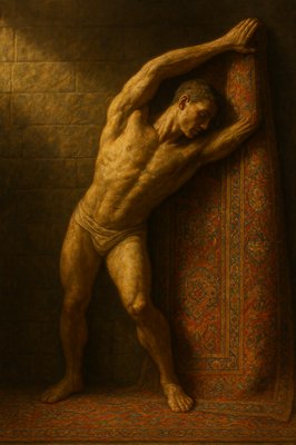 a painting of a man leaning against a rug