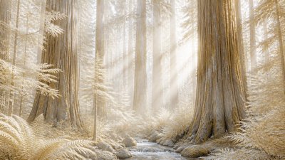 a panoramic redwood forest with light rays through mist, no people