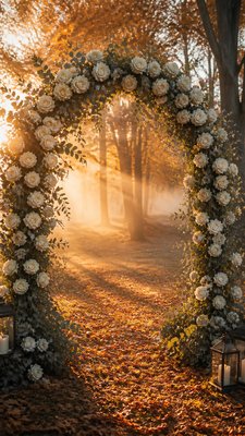 an arch of white roses and eucalyptus in soft morning light, elegant vertical composition with open space, no text