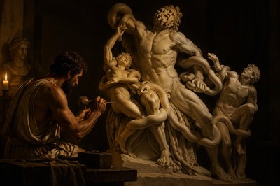 ancient greek sculptor carving the greek ignudi Laocoon father and two sons tragic death by snakes