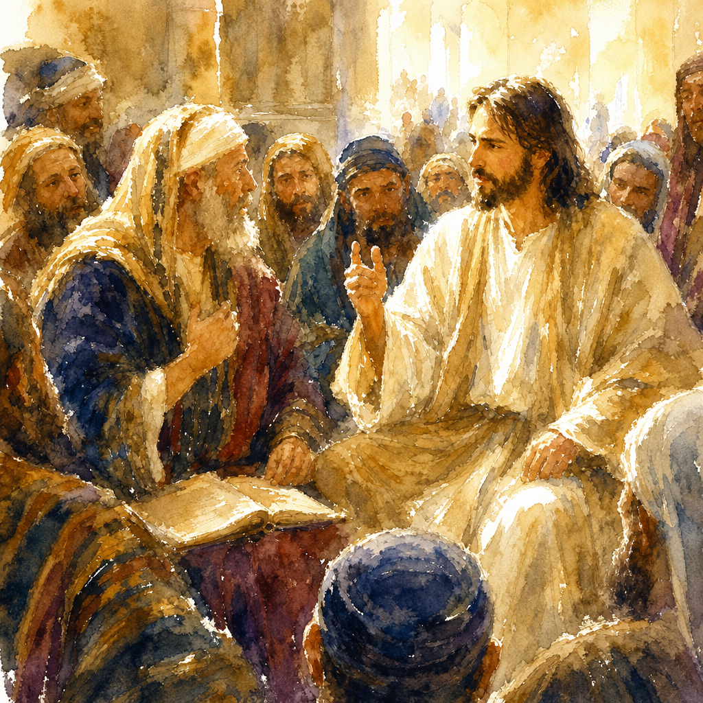 a painting of jesus talking to a group of people