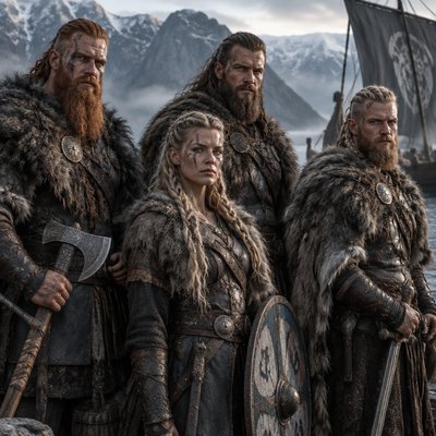 Fais moi quatre personnages trois hommes, une femme. Il y a un roue un brun et un blond, on dirait des vikings tous les quatre 