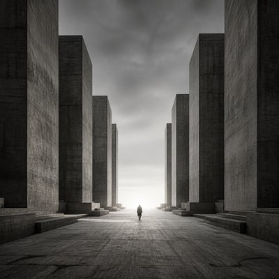 a solitary figure walking toward a glowing horizon across an empty plain, moody atmosphere, no text or lettering