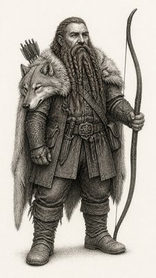 full-body original character: a dwarven ranger with a braided auburn beard, worn leather armor, a longbow and a wolf-pelt cloak, neutral background, no text